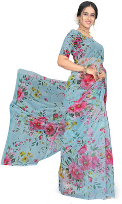 Pemal Designer Digital Print Bollywood Organza Saree(Grey)
