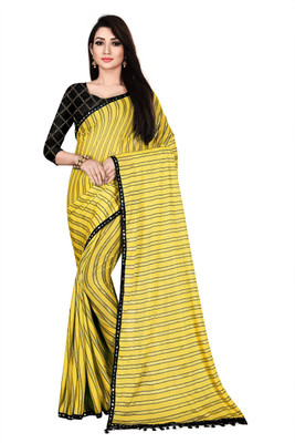 HouseOfCommon Self Design, Striped Bollywood Lycra Blend Saree(Yellow)