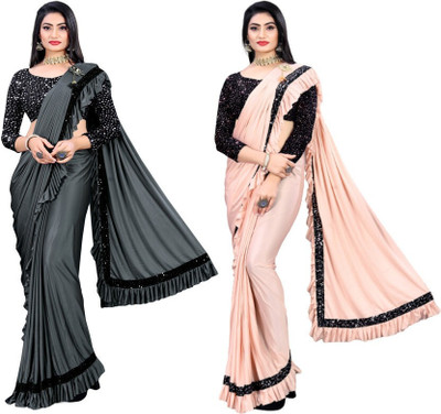 HouseOfCommon Embellished Bollywood Lycra Blend Saree(Pack of 2, Multicolor)