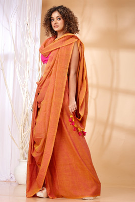 HouseOfCommon Solid/Plain Handloom Cotton Blend Saree(Orange)