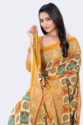 HARIOM FASHION Printed Ikkat Georgette Saree(Yellow)