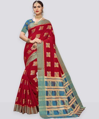 Samah Striped, Embellished, Woven Banarasi Cotton Silk Saree(Red, Blue)