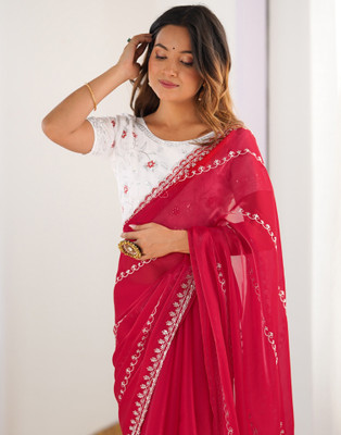 Satrani Embroidered, Embellished Bollywood Tissue, Silk Blend Saree(Red)