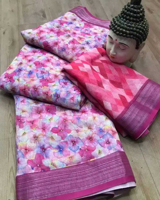 Vishwa Vijay Creation Digital Print Chanderi Cotton Linen Saree(Pink)