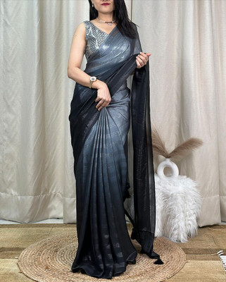 Riddhi textile Hub Striped Bollywood Chiffon Saree(Grey)