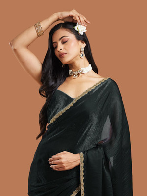 Croza Solid/Plain Chanderi Chiffon, Tussar Silk Saree(Black)