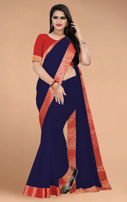Volmina Solid/Plain, Woven Chanderi Cotton Blend Saree(Dark Blue)