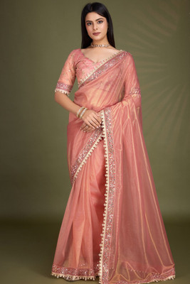 MADHAV Embroidered Bollywood Net Saree(Pink)