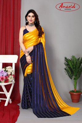 Anand Sarees Striped Bollywood Satin Saree(Yellow, Blue)