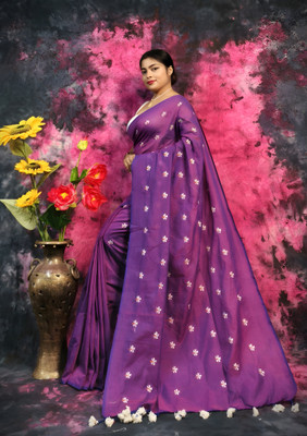 Rnn Saree Embroidered Handloom Pure Cotton Saree(Purple)