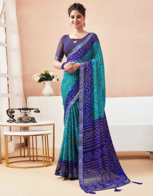 Swarne Geometric Print Bandhani Chiffon Saree(Blue)