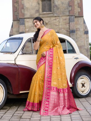 Geetanshi Woven Bollywood Linen Saree(Yellow)