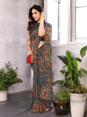 TTH Printed Bollywood Georgette Saree(Black, Orange)