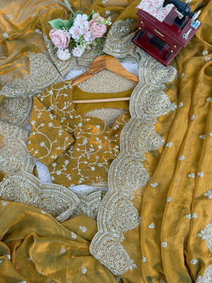 Moon Queen Embellished, Embroidered Bollywood Jimmy choo Saree(Yellow)
