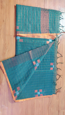 Akhtar Handloom Checkered, Woven, Self Design Bhagalpuri Raw Silk Saree(Dark Green)