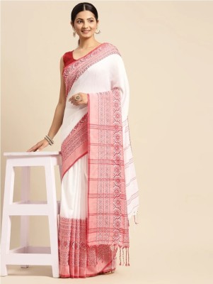 Krishneshwari Printed Handloom Pure Cotton Saree(White, Pink)