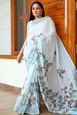 revenclaw Digital Print Banarasi Cotton Linen Saree(Blue)
