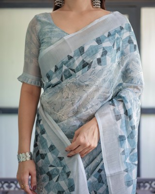 ALMAARI FASHION Digital Print Handloom Cotton Linen Saree(Grey)