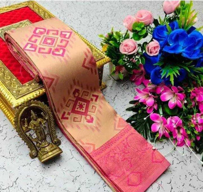 WILLMAKE Printed Kanjivaram Jacquard, Art Silk Saree(Cream, Pink)