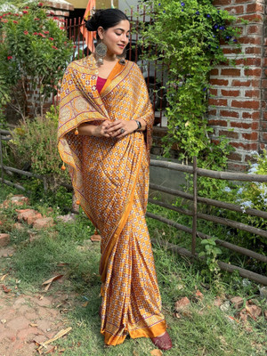 Sareemall Printed Hand Batik Crepe Saree(Mustard)