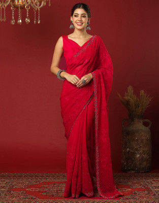 all about you Embroidered, Embellished Bollywood Chiffon Saree(Red)