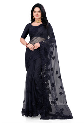 usharvi Self Design, Embroidered Bollywood Net Saree(Black)