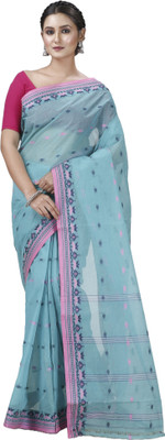 DipDiya Woven Tant Pure Cotton Saree(Light Blue)