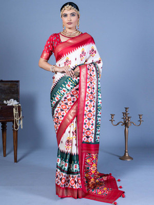 ANOUK Printed Pochampally Silk Blend Saree(Cream)
