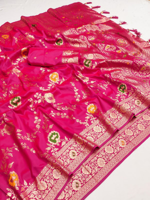 PANZORA Printed Banarasi Cotton Silk Saree(Pink)