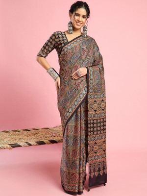 Divastri Printed Hand Batik Silk Blend Saree(Black)