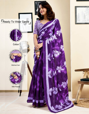 Samah Floral Print, Geometric Print, Printed Daily Wear Pure Cotton Saree(Purple, White)