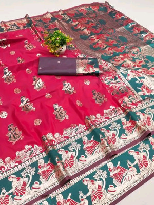 KanjiQueen Embellished Baluchari Silk Blend, Pure Silk Saree(Pink, Light Green)
