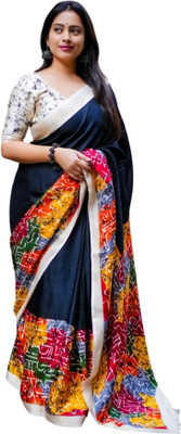 Divastri Printed Ikkat Cotton Silk Saree(Black)