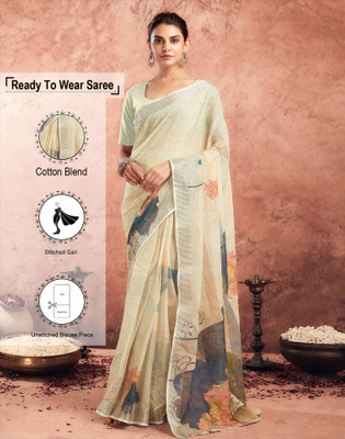 Satrani Floral Print, Embellished, Striped Bollywood Cotton Blend Saree(Beige)