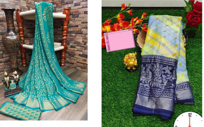 Sitanjali Floral Print Bollywood Brasso Saree(Pack of 2, Multicolor)