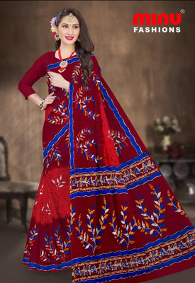 Minu Fashion Woven, Printed Hand Batik Pure Cotton Saree(Maroon, Blue)