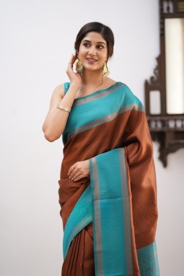 sheladiya Striped Bollywood Jacquard, Art Silk Saree(Brown)