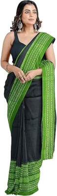 Amita Collections Woven Handloom Cotton Blend Saree(Black, Green)