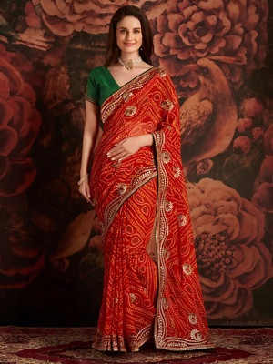 rajranitextiles Printed Bandhani Georgette Saree(Red)