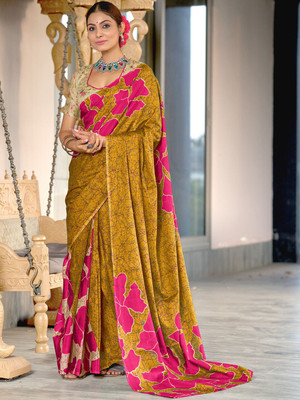 ANOUK Printed Saree with Attached Blouse Pure Cotton Saree(Mustard)