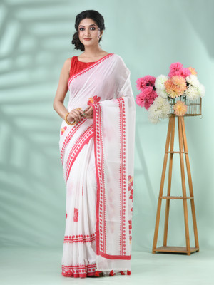 Desh Bidesh Floral Print Tant Handloom Cotton Blend Saree(Red)