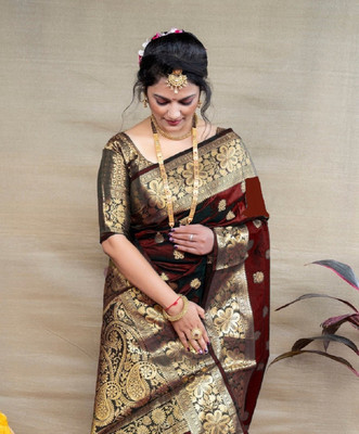 JIADIA Woven, Self Design Banarasi Silk Blend, Pure Silk Saree(Maroon)