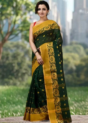 PUJA SHAREE CENTRE Self Design Tant Pure Cotton Saree(Dark Green)