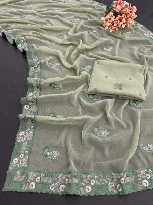 OMFASHIONCLUB Embroidered Bollywood Chiffon Saree(Light Green)
