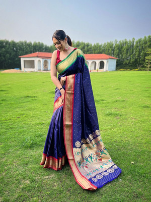 SGF11 Self Design Handloom Silk Blend Saree(Dark Blue)