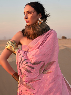 Sareemall Printed Madurai Linen Saree(Pink)