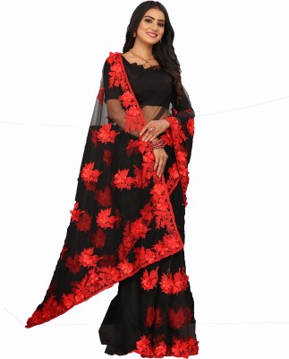 KENOFY SAREES Embroidered Bollywood Net Saree(Red, Black)