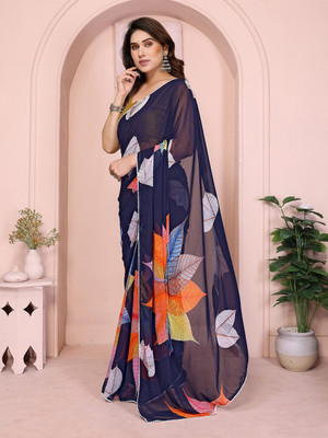 ANOUK Printed Saree with Attached Blouse Georgette Saree(Blue)