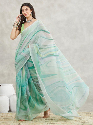 Janasya Printed Bollywood Cotton Blend Saree(Green)