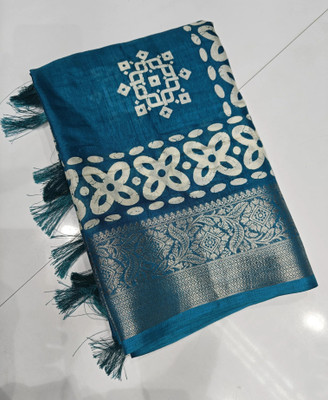 J6 Designers Woven Hand Batik Cotton Silk Saree(Blue)